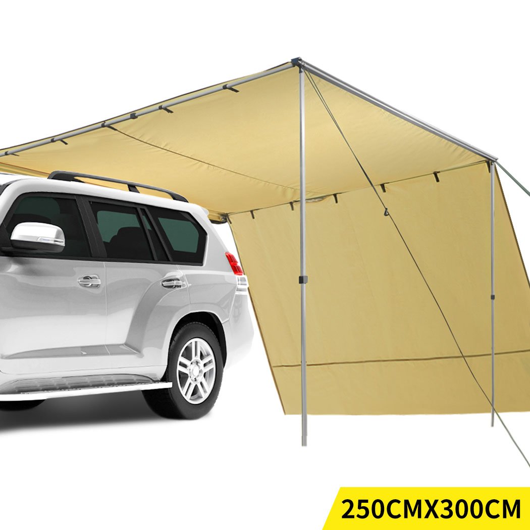 Mountview 2.5x3M Car Side Awning set up beside a vehicle, showcasing its spacious shade area and adjustable height features.